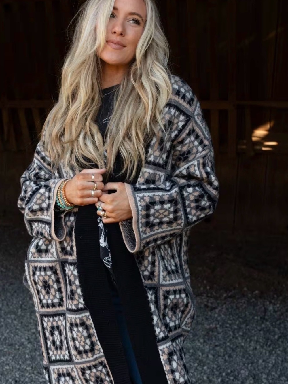 DAVI & DANI from 3BN Black and Cream Granny Square Cardigan Sweater